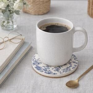Handcrafted Blue Botanical Ceramic Coasters | Vintage Floral Drinkware Set